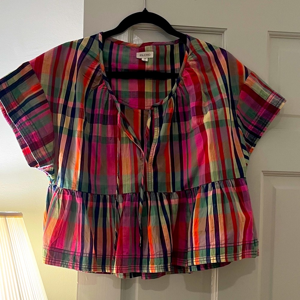 Pilcro Anthropologie Multicolor Plaid Short Sleeve Blouse